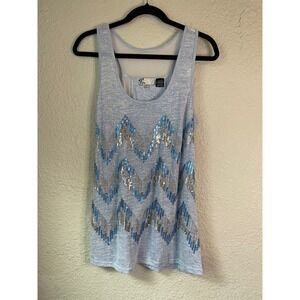 Y2K Miss Me Sequin Tank Top Sleeveless‎ Chevron Pattern Casual Blue Size M